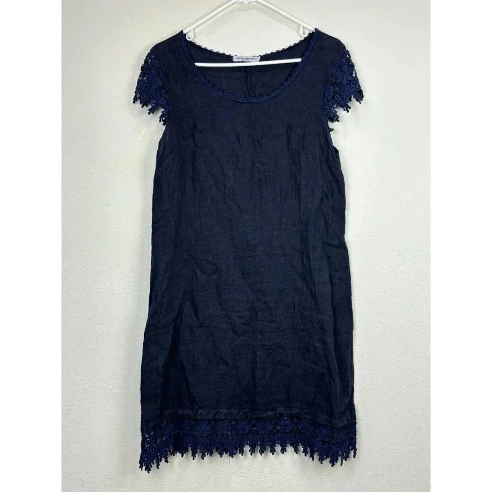 Martina Innocenti Navy Linen Sleeveless Dress Lace Size Medium Crochet Shift